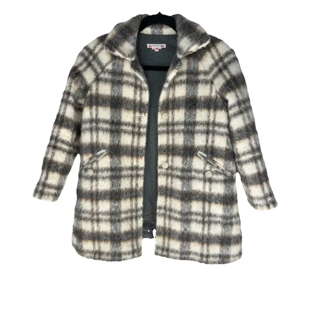 Bonpoint France Girls Wool Plaid Pea Coat Size 10 Mohair Alpaca Button Kids